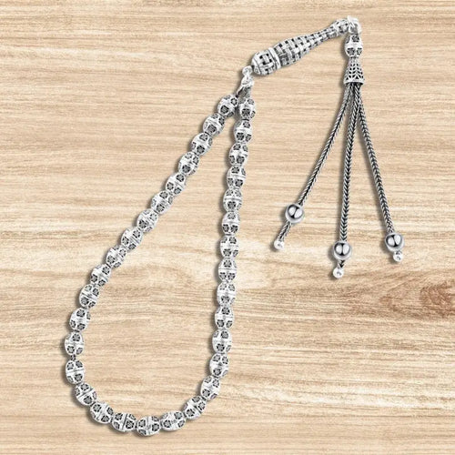 999 silver prayer bead with oval-shaped engraved beads - Rosary