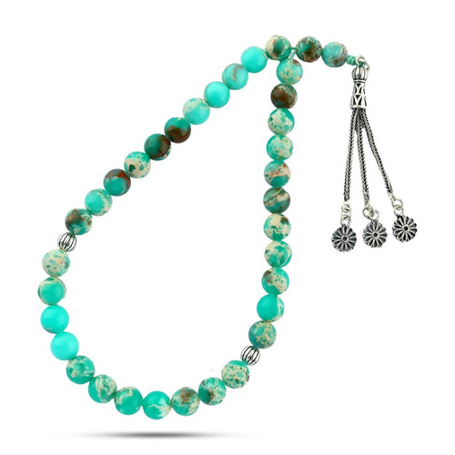 Green jasper rosary with silver inlay