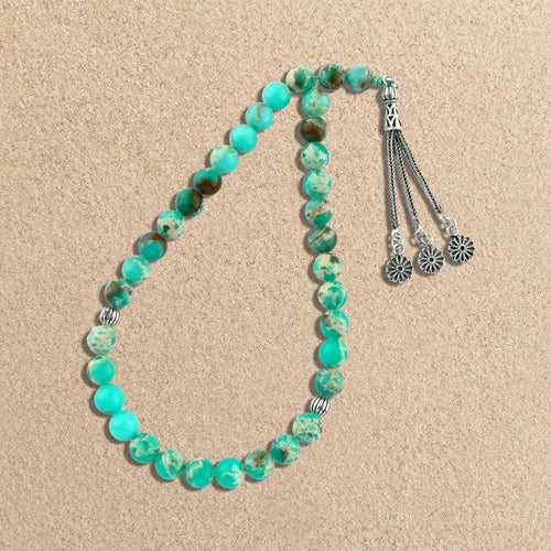 Green jasper rosary with silver inlay
