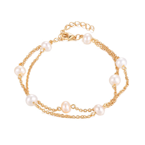 Rose Gold Double Chain Bracelet with Cultured Pearls