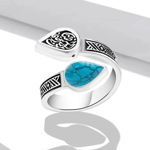 Egyptian 925 Silver Women’s Ring – Open Design with Turquoise Stone and Arabic Engraving