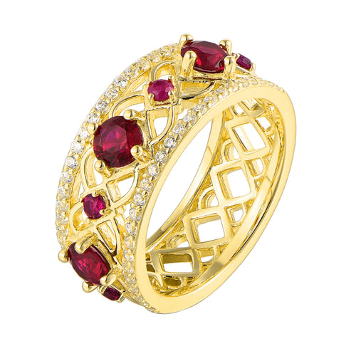 Wide Gold-Plated Band with Red and White Zircon Stones