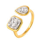 Open Gold-Plated Ring with Square and Teardrop Zircon Stones