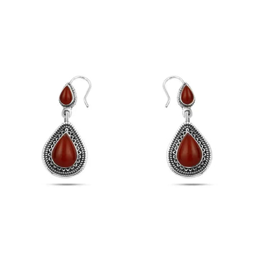 Arabic Design 925 Silver Earrings with Agate stone - Brown - Earrings