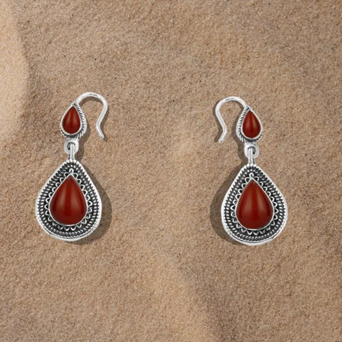 Arabic Design 925 Silver Earrings with Agate stone - Brown - Earrings