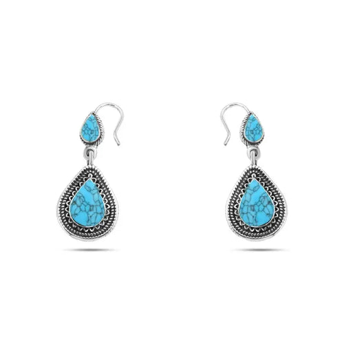 Arabic Design 925 Silver Earrings with Turquoise stone - Turquoise - Earrings