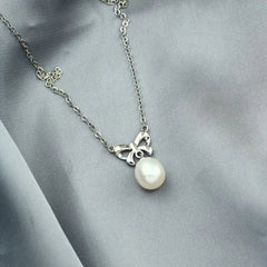 Butterfly and pearl 925 Silver Necklace - White - NECKLACES