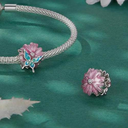 Butterfly Chrysanthemum 925 Silver Charm - Multi Color