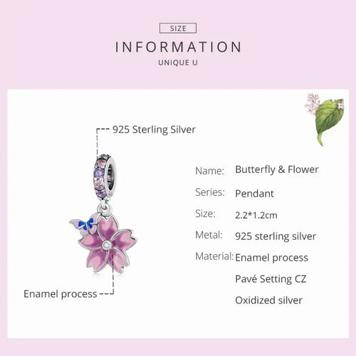 Butterfly Flower 925 Silver Charm - Multi Color