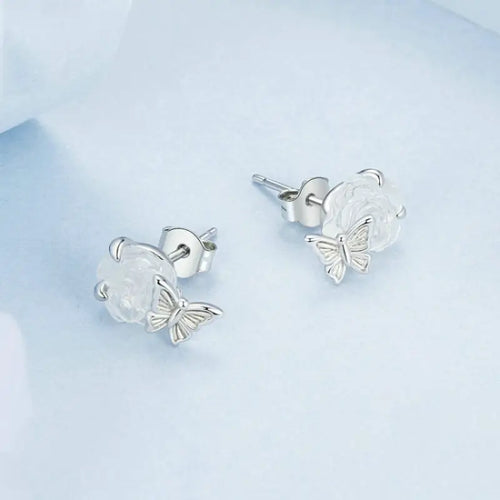 Butterfly Rose 925 Silver Earring - Transparent