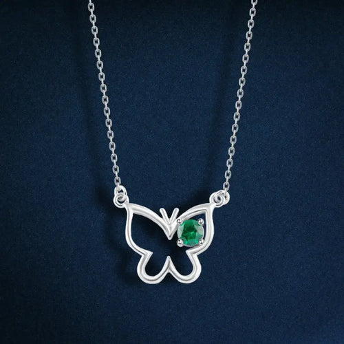 Butterfly with Green stone 925 Silver Necklace - Green - NECKLACES
