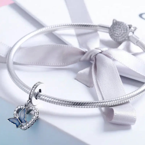 Butterfly with Heart 925 Silver Charm - White