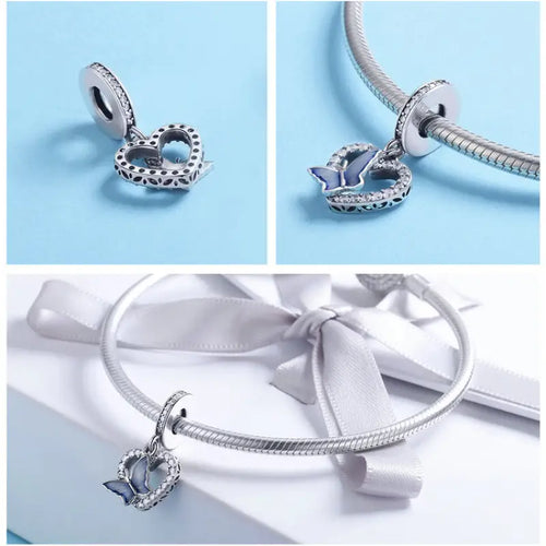 Butterfly with Heart 925 Silver Charm - White