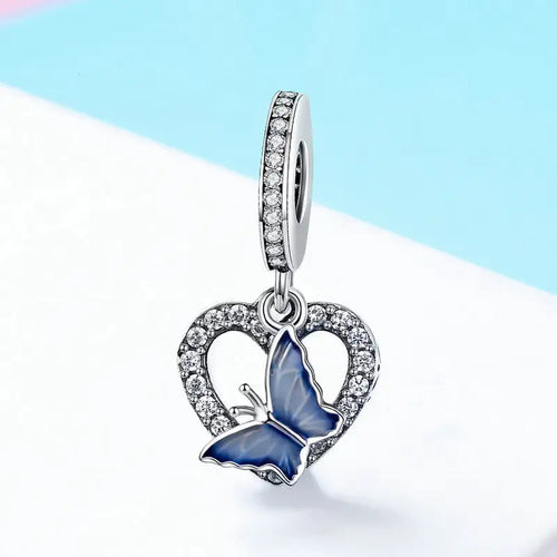 Butterfly with Heart 925 Silver Charm - White