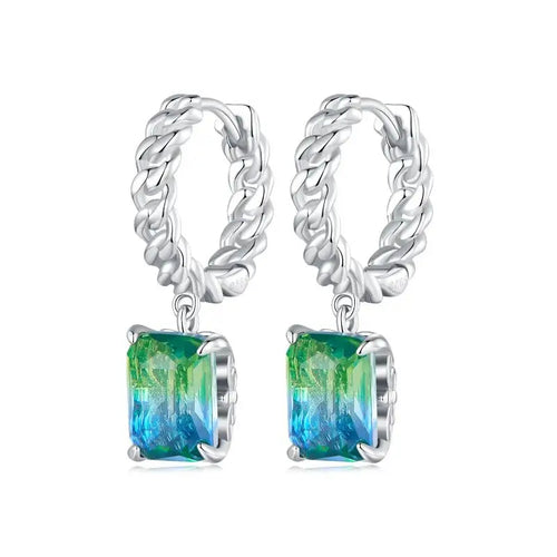 Chain Ear Blue and Green Tourmaline Hoop Earring - 925 sterling silver - Multi Color