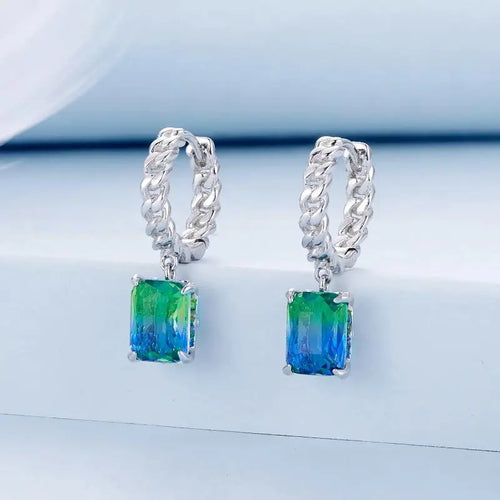 Chain Ear Blue and Green Tourmaline Hoop Earring - 925 sterling silver - Multi Color