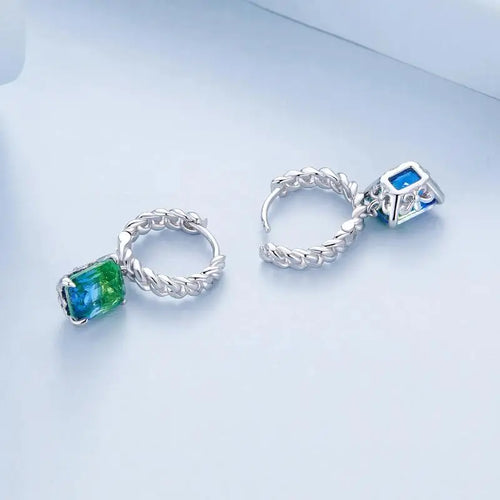 Chain Ear Blue and Green Tourmaline Hoop Earring - 925 sterling silver - Multi Color
