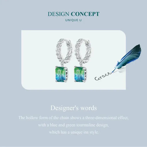 Chain Ear Blue and Green Tourmaline Hoop Earring - 925 sterling silver - Multi Color