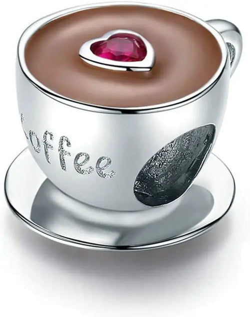 Coffee cup pendant with a red heart - 925 sterling silver - Multi Color - Charms