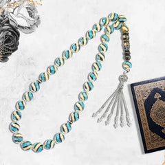 Coke Wood Rosary inlaid with Silver & Natural Ivory & Fitran 33 Beads - Multi Color - Rosary