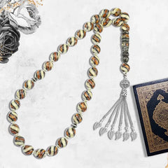 Coke Wood Rosary inlaid with Silver & Natural Ivory & Fitran 33 Beads - Multi Color - Rosary