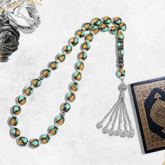 Coke Wood Rosary inlaid with Silver & Natural Ivory & Fitran 33 Beads - Multi Color - Rosary