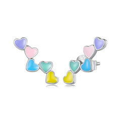 Colorful Heart Stud Earrings - 925 Sterling Silver - Multi Color