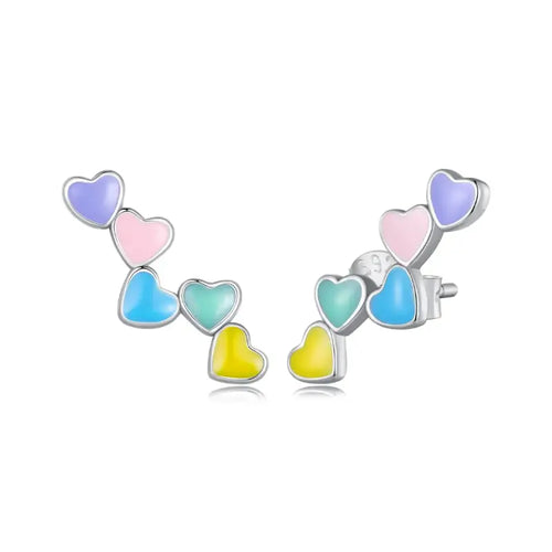 Colorful Heart Stud Earrings - 925 Sterling Silver - Multi Color