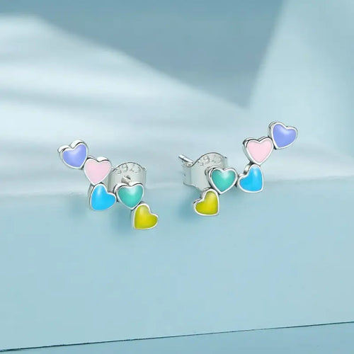 Colorful Heart Stud Earrings - 925 Sterling Silver - Multi Color
