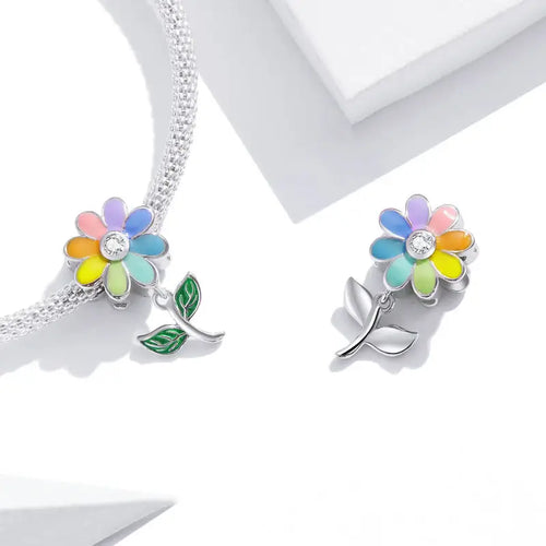 Colorful Sunflower 925 Silver Charm - White