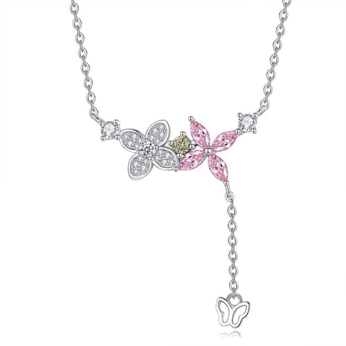 Cute Butterfly and Flowers 925 Silver Necklace - Transparent