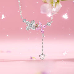 Cute Butterfly and Flowers 925 Silver Necklace - Transparent
