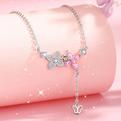 Cute Butterfly and Flowers 925 Silver Necklace - Transparent