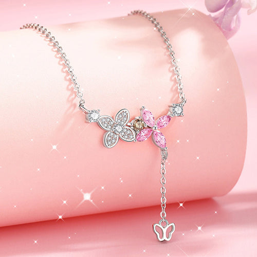 Cute Butterfly and Flowers 925 Silver Necklace - Transparent