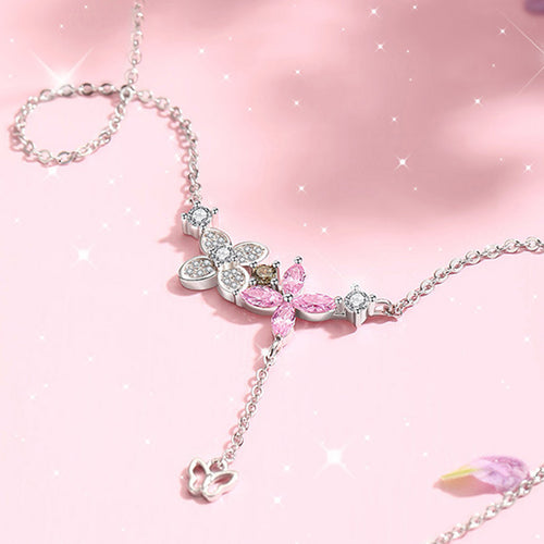 Cute Butterfly and Flowers 925 Silver Necklace - Transparent