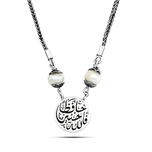 Double-Faced 925 Silver Arabic Necklace with Pearl Stone - White