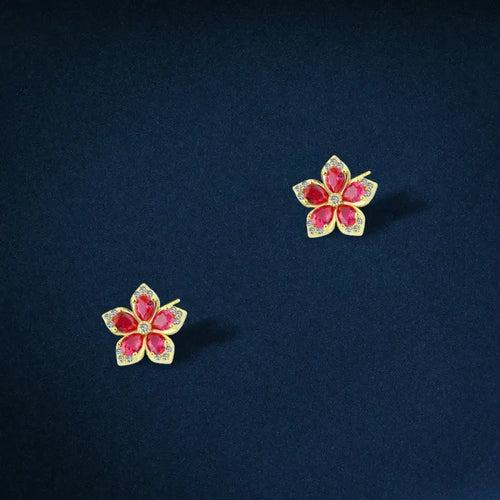 Earrings with an elegant flower design 925 Sterling Silver - Red