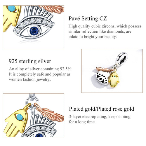 Egypt-Guardian Lucky Hand Evil Eye Feathers Colorful 925 Silver Charm - fathyibrahim