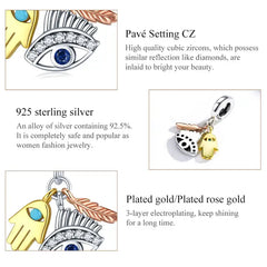 Egypt-Guardian Lucky Hand Evil Eye Feathers Colorful 925 Silver Charm - Multi Color