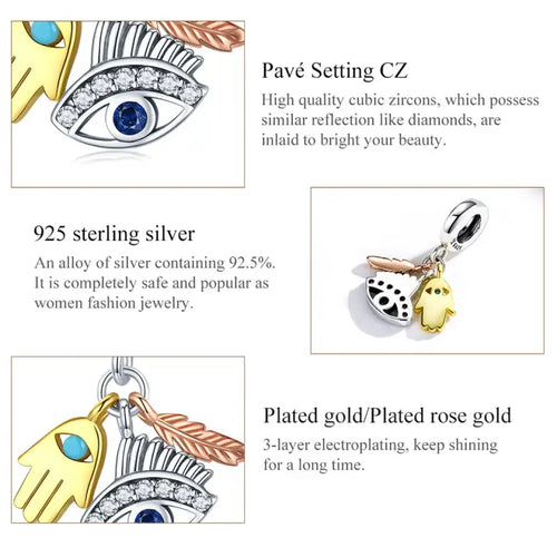 Egypt-Guardian Lucky Hand Evil Eye Feathers Colorful 925 Silver Charm - Multi Color