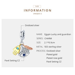 Egypt-Guardian Lucky Hand Evil Eye Feathers Colorful 925 Silver Charm - fathyibrahim