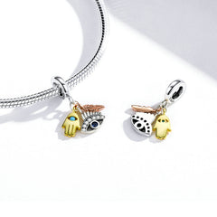 Egypt-Guardian Lucky Hand Evil Eye Feathers Colorful 925 Silver Charm - fathyibrahim