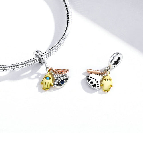Egypt-Guardian Lucky Hand Evil Eye Feathers Colorful 925 Silver Charm - fathyibrahim