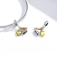 Egypt-Guardian Lucky Hand Evil Eye Feathers Colorful 925 Silver Charm - Multi Color