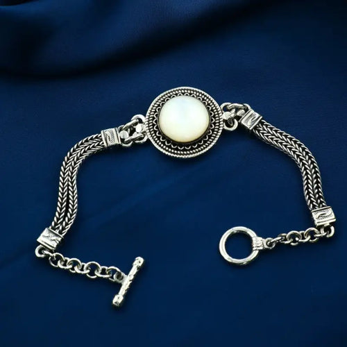 Egyptian Women Silver Bracelet Crowned with Pearl Stone - White