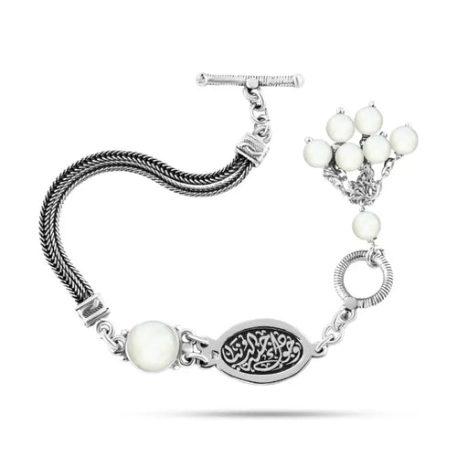 Egyptian Women Silver Bracelet Crowned with Pearl Stone - White - Bracelets