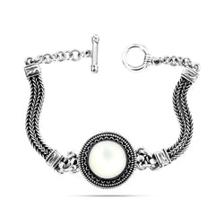 Egyptian Women Silver Bracelet Crowned with Pearl Stone - White