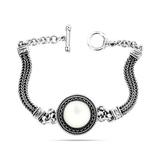 Egyptian Women Silver Bracelet Crowned with Pearl Stone - White