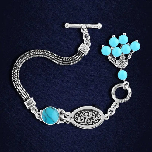 Egyptian Women Silver Bracelet Crowned with Turquoise Stone - Turquoise - Bracelets