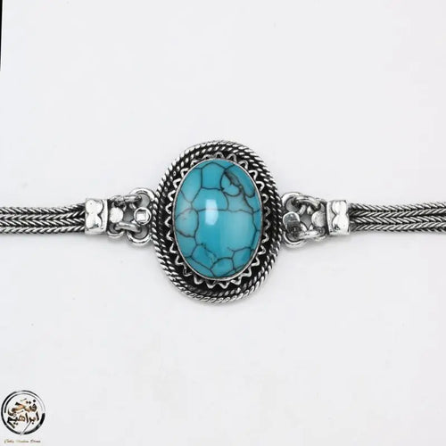 Egyptian Women Silver Bracelet Crowned with Turquoise Stone - Turquoise - Bracelets